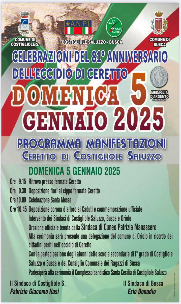 Domenica 5 gennaio Busca e Costigliole Saluzzo celebrano l’81° anniversario dell’Eccidio di Ceretto