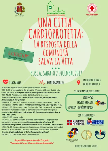La locandina del convegno medico che inaugurerà l'iniziativa sabato 2 dicembre, con i patrocini  degli ordini professionali dei medici e degli infermieri, della Regione Piemonte, della Provincia di Cuneo, dell’Ospedale Santa Croce e Carle di Cuneo, Asl CN1