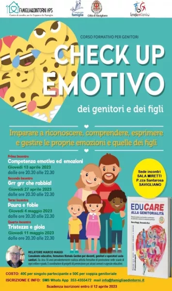Il corso “Check up emotivo” in 4 serate ha l’obiettivo di aiutare i partecipanti a riconoscere, esprimere e gestire le emozioni proprie e dei figli