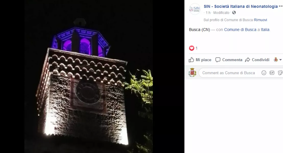 La Società Italiana di Neonatologia  ha condiviso sul suo profilo su Facebook la foto della torre-campanile della Rossa illuminata di viola per la giornata la Giornata Mondiale della Prematurità