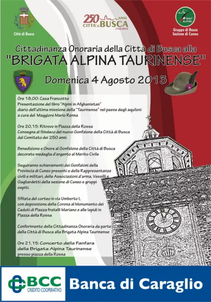 Domenica 4 agosto la consegna della cittadinanza onoraria alla Brigata Alpina Taurinense e concerto della Fanfara