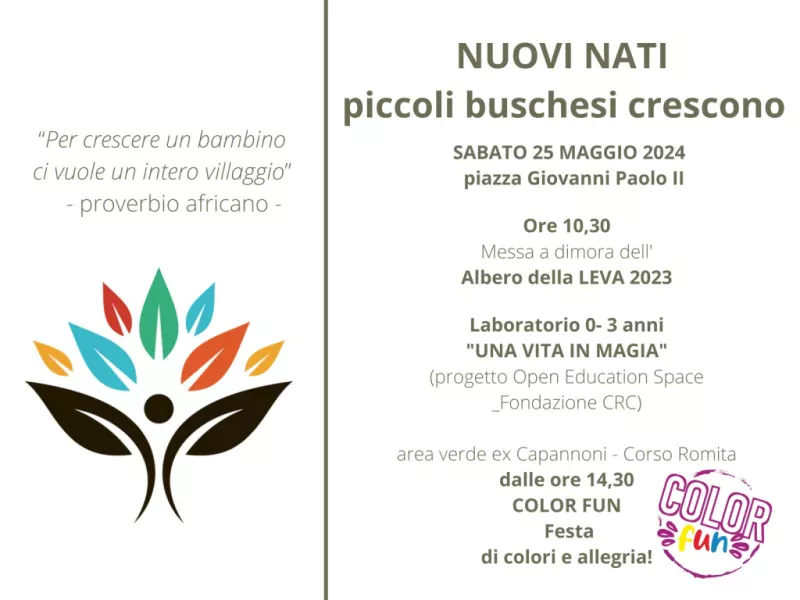 Sabato 25 marzo, nel parco del Maira in piazza Giovanni Paolo II alle ore 10.30  “Nuovi nati. Piccoli buschesi crescono”