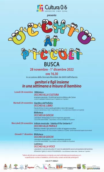 Per il progetto cultura 0/6, da lunedì 28 novembre a giovedì 1° dicembre dalle ore 16,30 diversi luoghi cittadini accoglieranno laboratori, giochi e momenti dedicati a genitori e figli con attività pensate per questa fascia di età