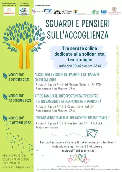 L’equipe Affidi del Consorzio socio-assistenziale del Cuneese presenta un ciclo di incontri online sul tema dal titolo “Sguardi e pensieri sull'accoglienza”