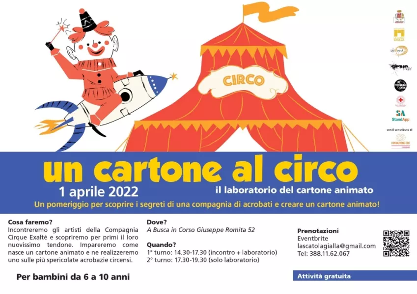 Venerdì 1° aprile, nell’area verde Capannoni in corso Romita si terrà un laboratorio gratuito  per bambini dai 6 ai 10 anni che incontreranno gli artisti della Compagnia e saranno coinvolti nell’elaborazione di  un cartone animato sulle più spericolate acrobazie circensi