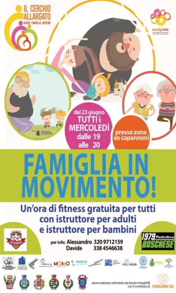 Tutti i mercoledì dalle ore 19 alle 20 nell'area capannoni  un’ora di ginnastica  per tutta la famiglia, con istruttori per adulti e per bambini. Partecipazione gratuita