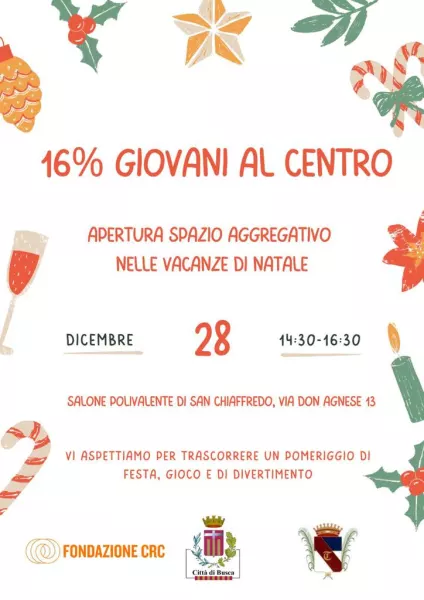 Domenica 28 dicembre festa di Natale dalle ore 14,30 alle 16,30 nel salone polivalente di san Chiaffredo 