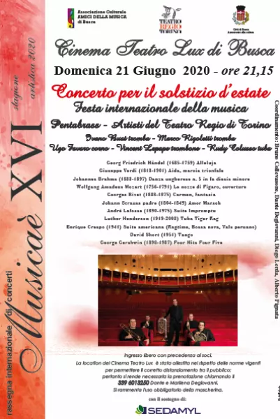 Domenica 21 giugno al Lux andrà in scena un viaggio musicale attraverso la prorompente sonorità degli ottoni de’ il Pentabrass, artisti del Teatro Regio di Torino, per la rassegna internazionale di Concerti “Musicaè” 2020 XVI Stagione artistica, Concerto per il solstizio d’estate Festa internazionale della musica