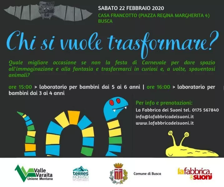 Sabato prossimo, 22 febbraio, al pomeriggio in  Casa Francotto, si terrà il laboratorio per bambini in tema di carnevale dal titolo “Chi si vuole trasformare?” 