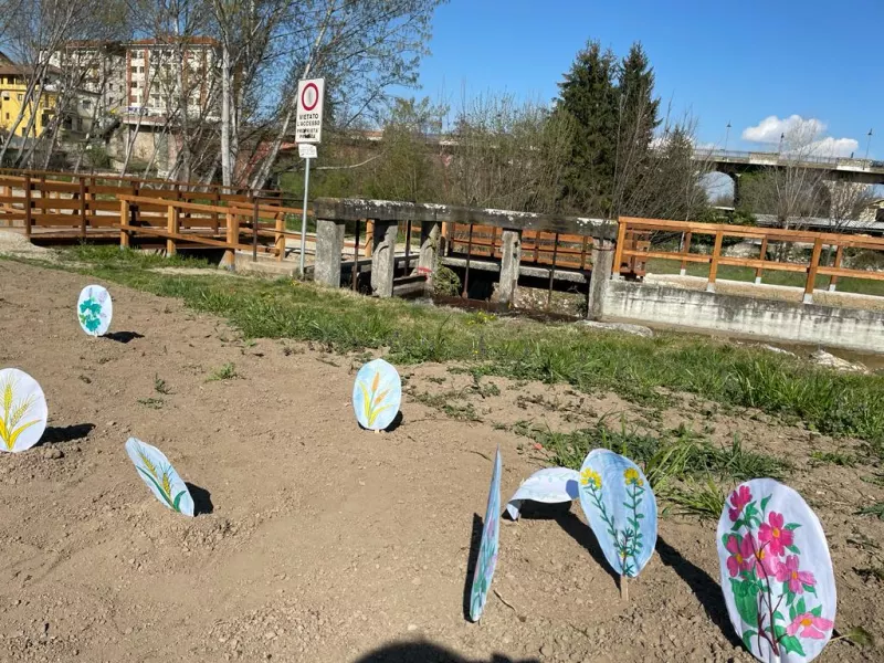 Tanti marcatori colorati segnalano l’oasi per la biodiversità seminata vicino al Parco del Maira