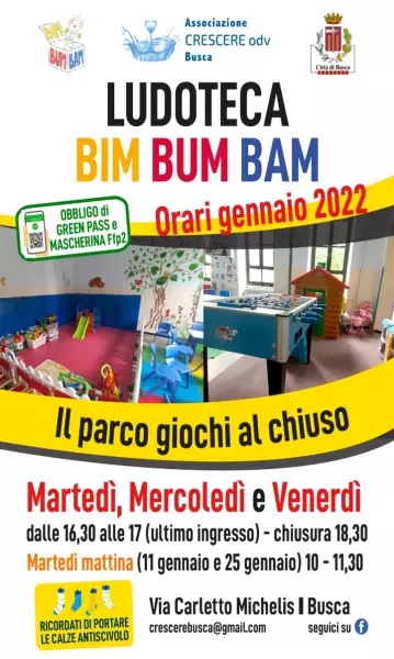 La ludoteca Bim Bum Bam, che si trova in via Carletto Michelis 1, da gennaio apre in tre giorni alla settimana: il martedì, il mercoledì e il venerdì