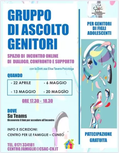 La partecipazione agli incontri è gratuita, occorre iscriversi telefonando o mandando una email a centro.famiglie@csac-cn.it