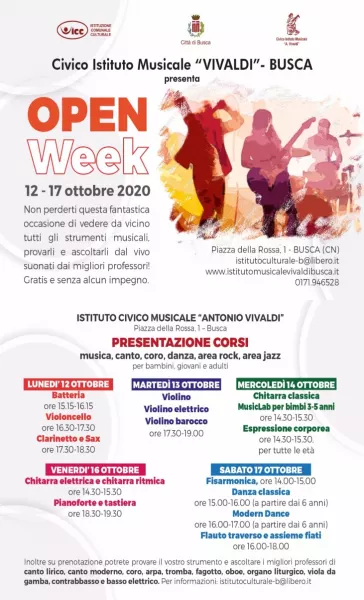 Il Civico istituto musicale Vivaldi organizza una settimana di porte aperte “open week” da oggi, lunedì 12 ottobre,  a sabato 17 ottobre per dare l'occasione a tutti, bambini e adulti, di vedere e provare gli strumenti musicali e  ascoltarli dal vivo suonati dai professori, gratuitamente e senza alcun impegno