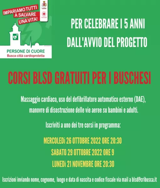 I corsi BLSD gratuiti si terranno mercoledì 26 ottobre,  sabato 29 ottobre, lunedì 21 novembre alle ore 20,30. Le iscrizioni si ricevono fin d’ora all’indirizzo  blsd@cribusca.it