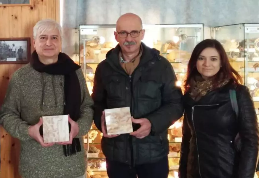 Da sinistra Vittorio Pane, Ezio Donadio, Alessandra Marengo nel museo geologico di Giaveno con i campioni dell'alabastro rosa di Busca