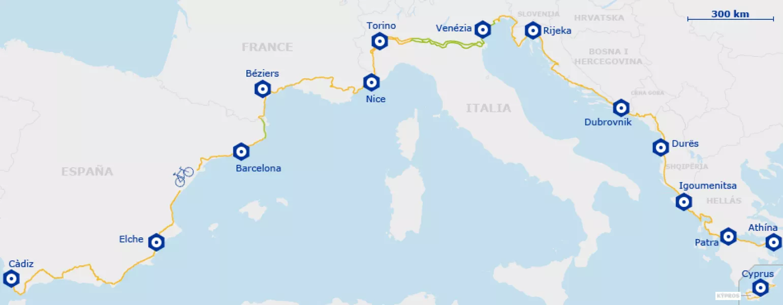 EuroVelo 8 è  la pista ciclabile  del Mediterraneo che collega Cadice ad Atene e Cipro