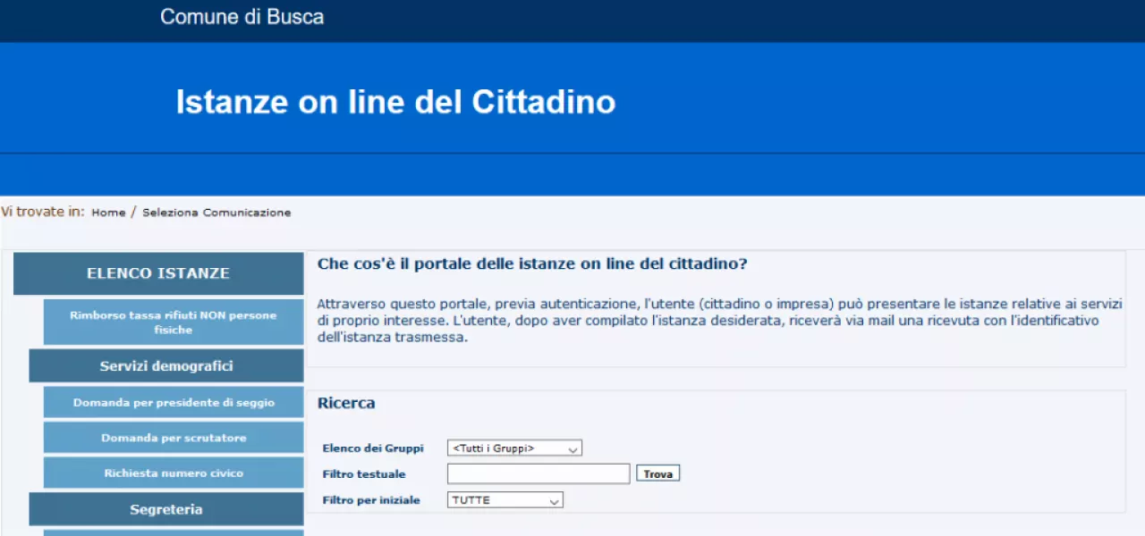 La sezione istanze online del Comune. Il servizio Filo diretto del Comune di Busca  è in corso di riconoscimento SPID, Servizio per l’identità digitale, dopo di che con le stesse credenziali si potrà accedere a tutti i servizi resi dalla Pubblica Amministrazione