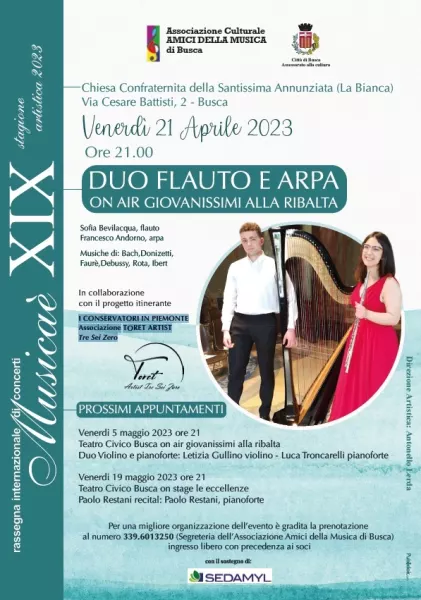 Flauto e arpa, violino e pianoforte protagonisti dei due prossimi concerti di Musica