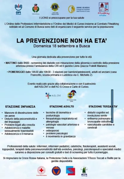  	In occasione della Fitwalking solidale, il Lions Club Busca e Valli e il Comune offrono gratuitamente a tutti visite e consulenze specialistiche dedicate ad ogni fase della vita 