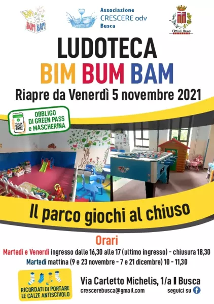 La ludoteca Bim Bum Bam, insieme con il Comune, a cura dell'associazione Crescere riapre alle attività da  venerdì prossimo 5 novembre nella sede in via Carletto Michelis 1