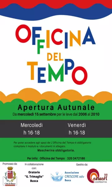 Officina del tempo è un servizio sociale ed educativo gratuito del Comune realizzato con l'associazione Crescere , la cooperativa Caracol e l’oratorio parrocchiale