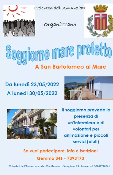 L'associazione Volontari dell'Annunziata, dopo due anni in cui a causa della pandemia non è stato possibile proporlo, organizza il soggiorno al mare per anziani autosufficienti nella Casa per ferie di San Bartolomeo al Mare (Imperia)