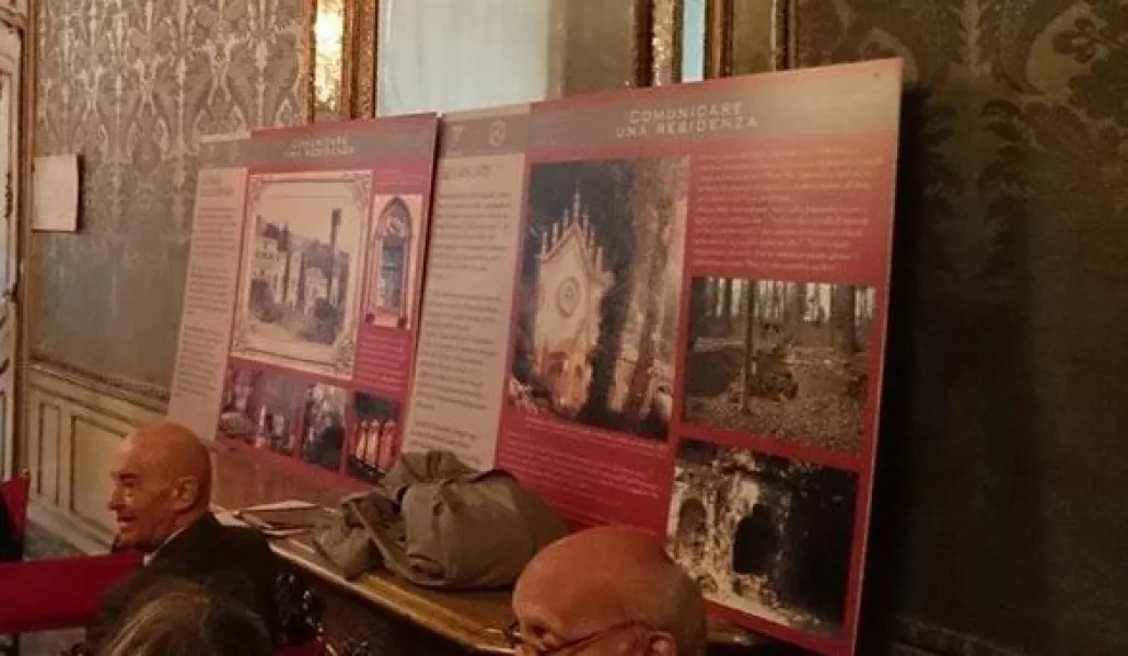 I pannelli sui restauri del Roccolo esposti durante il convegno nel palazzo d'Azeglio di Torino