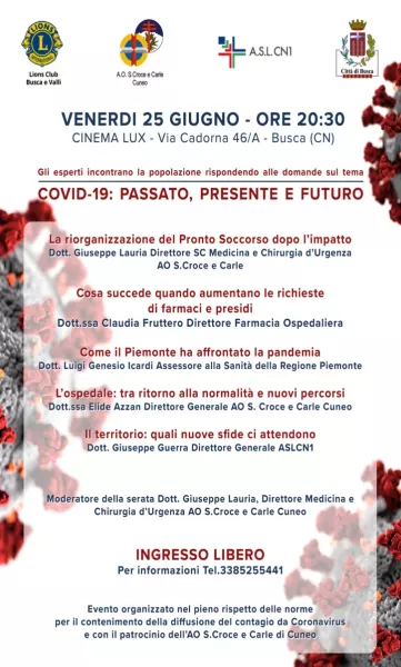 Alle ore 20,30 al cinema Lux con ingresso libero. Il direttore del Pronto Soccorso dell'ospedale di Cuneo Giuseppe Lauria interviene e modera l'incontro con la popolazione in cui si risponderà anche alle domande del pubblico