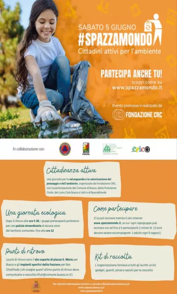 Nella Giornata Mondiale dell’Ambiente, i buschesi potranno contribuire attivamente alla pulizia del territorio comunale. Occorre iscriversi compilando il modulo sul sito www.spazzamondo.it entro giovedì 3 giugno