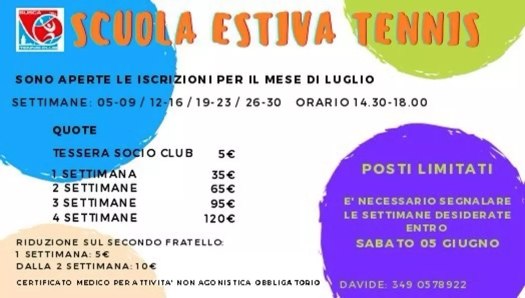 Scadono sabato 5 giugno le iscrizioni alla scuola estiva di tennis