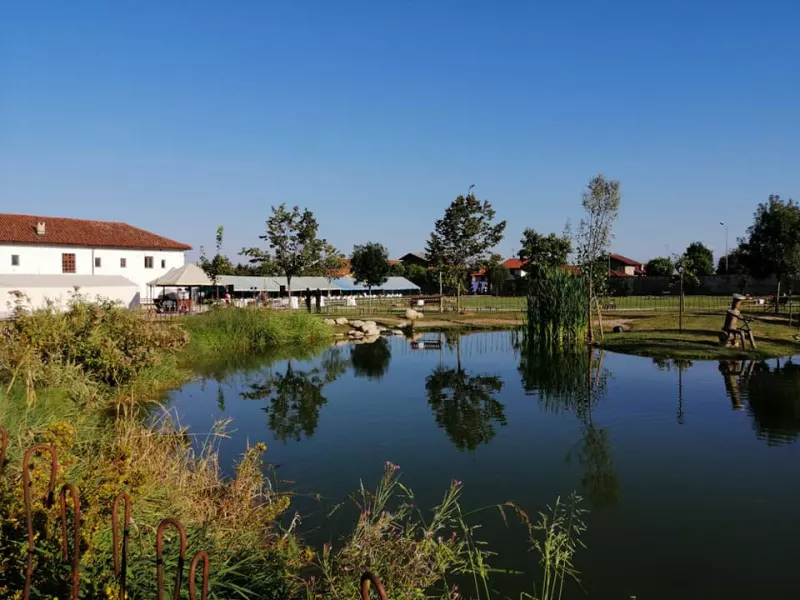 Lo stagno del parco, sullo sfondo l'edificio dell'ex convento che ospita le sale museali