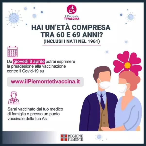 da giovedì 8 aprile possono dare le preadesioni al vaccino anticovid19 coloro che hanno tra i 60 e i 69 anni, compresi tutti i nati nel 1961: per farlo occorre andare su www.ilPiemontetivaccina.it