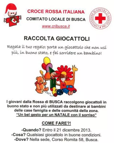 Raccolta di giocattoli, info: tel.335.1378144 oppure cl.busca@cri.it