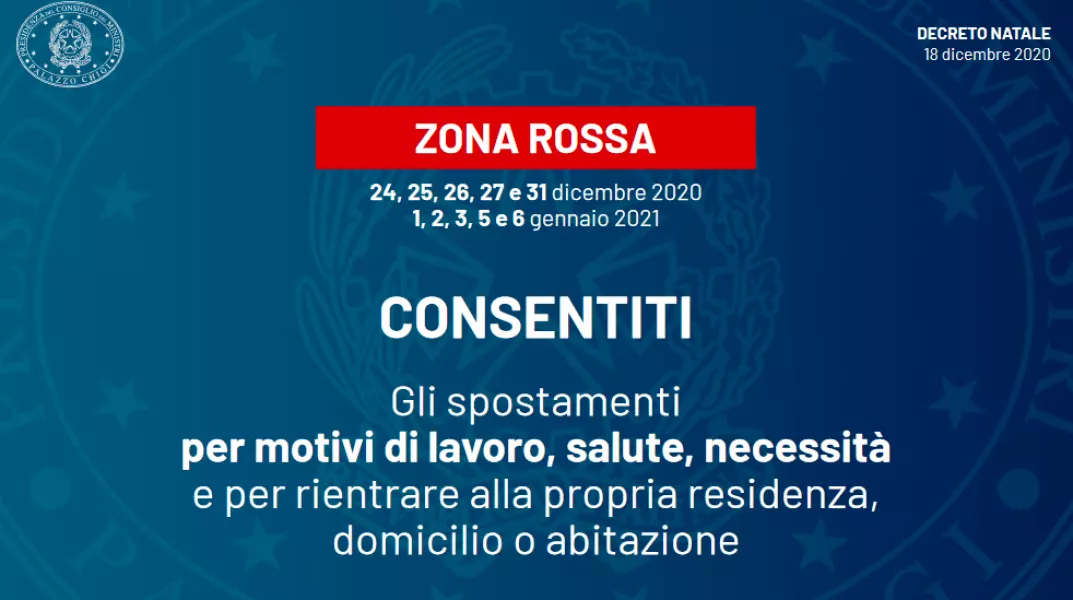 Zona rossa in tutta Italia nei giorni 24, 25, 26, 27 e 31 dicembre e 1, 2, 3, 5, 6 gennaio. Zona arancione in tutta Italia nei giorni 28, 29, 30 dicembre e 4 gennaio