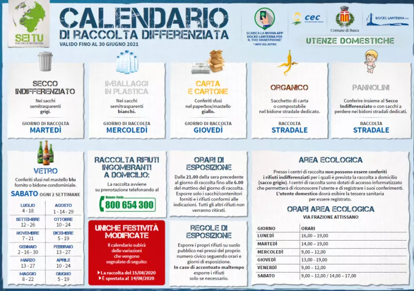 Il calendario raccolta rifiuti porta a porta