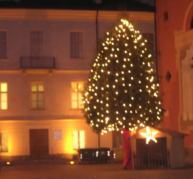 L'albero di Natale in piazza della Rossa, di fronte al Palazzo della Musica, cuore delle animazioni cittadine