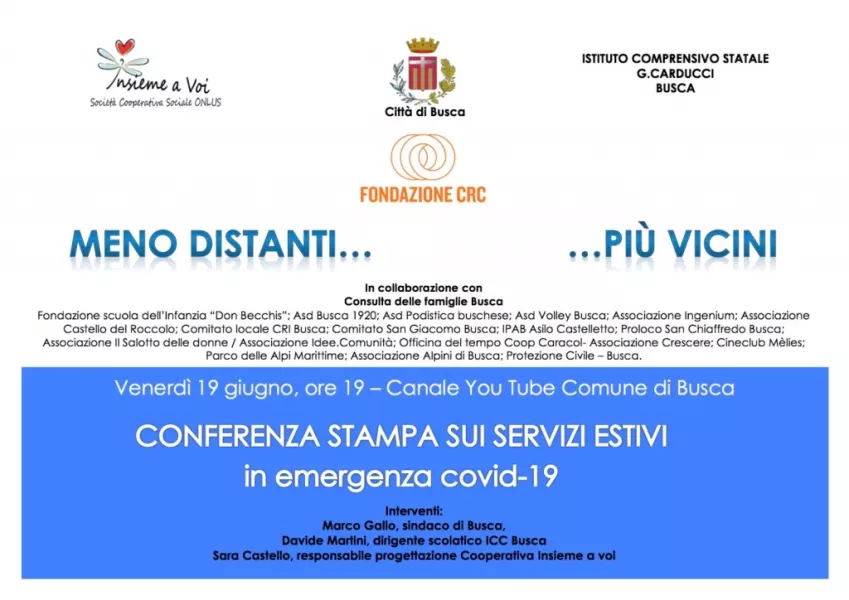 Grazie alla regia del Comune e al coinvolgimento di tanti enti, associazioni e comitati, prendono avvio i progetti della Coop Insieme a voi e dell’Istituto comprensivo Carducci finanziati dalla Fondazione Crc. la presentazione in una conferenza online  venerdì 19 giugno alle ore 19 in diretta streaming su YouTube  e dalla pagina Facebook Comune di Busca