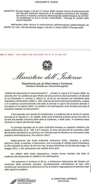 Proroga fino al 31 agostodella validità delle carte d'identità