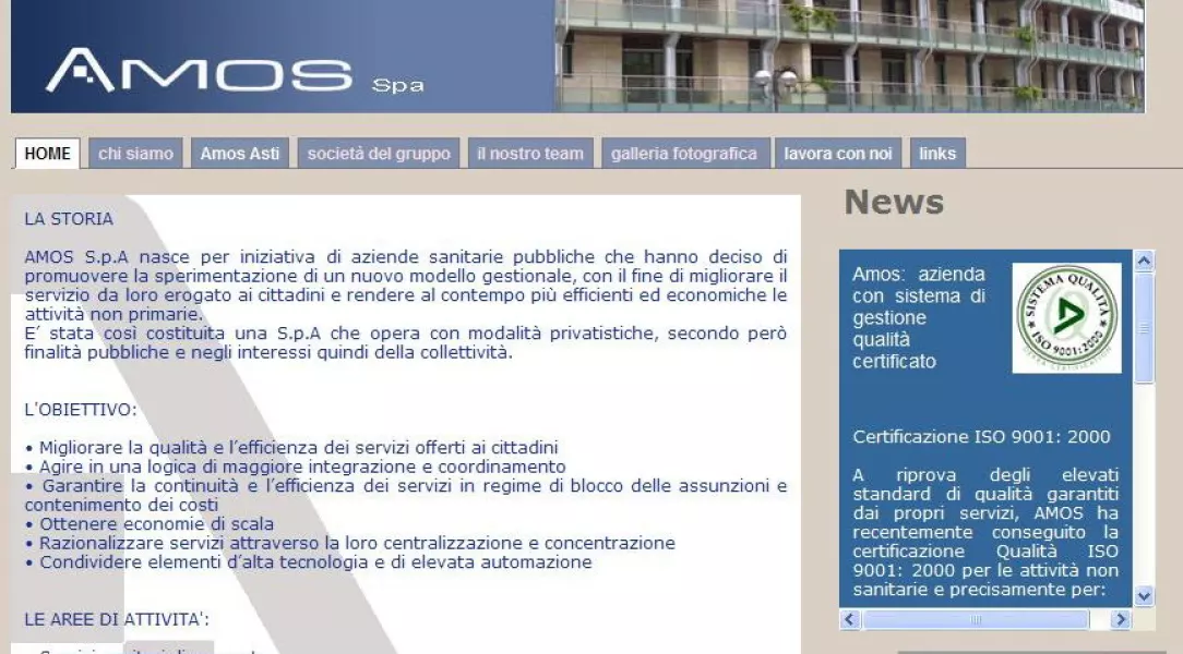 L'home page del sito internet Amos spa