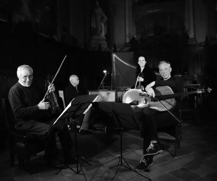 Da sinistra  Bruno Pignata, Andrea Bissi, Miriam Maltagliati, Manuel Zigante durante la registrazione della colonna sonora della piéce, nella chiesa Santissima Annunziata