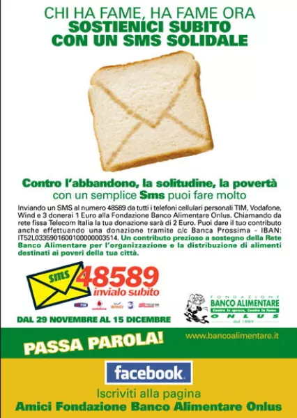 Dal 29 novembre al 15 dicembre inviando un sms al 48589 si può aiutare il Banco alimentare