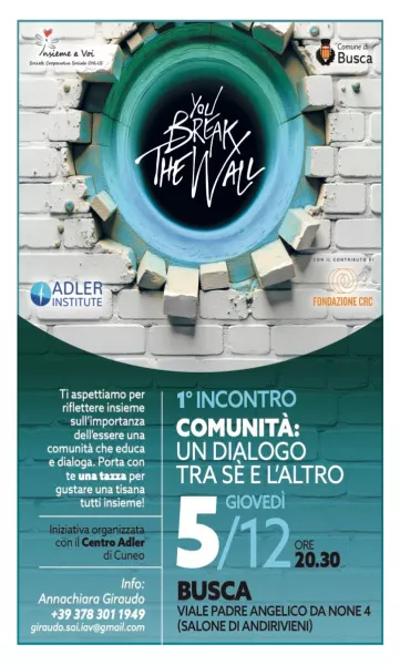 Si terrà, domani, giovedì 5 dicembre alle ore 20,30  nel salone dell’ex convento, in via Padre Angelico da None, il “1°incontro comunità: un dialogo tra sé e l'altro” del progetto “Break the wall – Impegnati nei diritti”