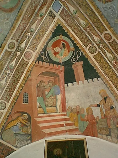 Particolare di affresco dei Biazaci nella cappella di San Sebastiano