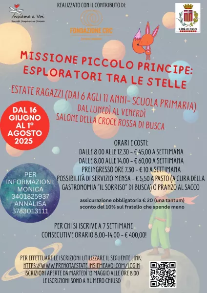 La locandina di uno dei servizi sostenuti: Attività Missione Piccolo Principe esploratori tra le stelle