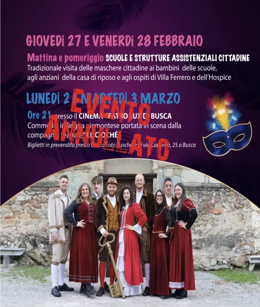 Giro auguri maschere del 70 anniversario del Carnevale di Busca, non ci sarà la Commedia della Filodrammatica