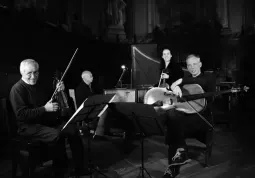 Da sinistra  Bruno Pignata, Andrea Bissi, Miriam Maltagliati, Manuel Zigante durante la registrazione della colonna sonora della piéce, nella chiesa Santissima Annunziata