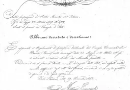 Il documento ufficiale firmato dal re Vittorio Emanuele II con cui si autorizza il  Regolamento dei Pompieri di Busca, datato 29 novembre 1863