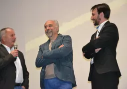 Da sinistra l'assessore Gian Franco Ferrero, il regista Giorgio Diritti, il presidente del Cineclub Méliès  Mattia Bertaina sul palco del Lux venerdì scorso