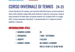 Il Tennis Club Busca organizza, con il patrocinio della Città, un corso invernale di tennis per la stagione 2024-2025 rivolto a bambini e ragazzi delle scuole primarie e medie