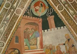 Particolare di affresco dei Biazaci nella cappella di San Sebastiano